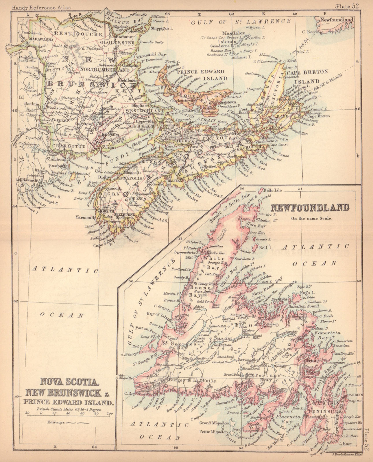 Nova Scotia, New Brunswick, PEI & Newfoundland. Canada. BARTHOLOMEW 1888 map