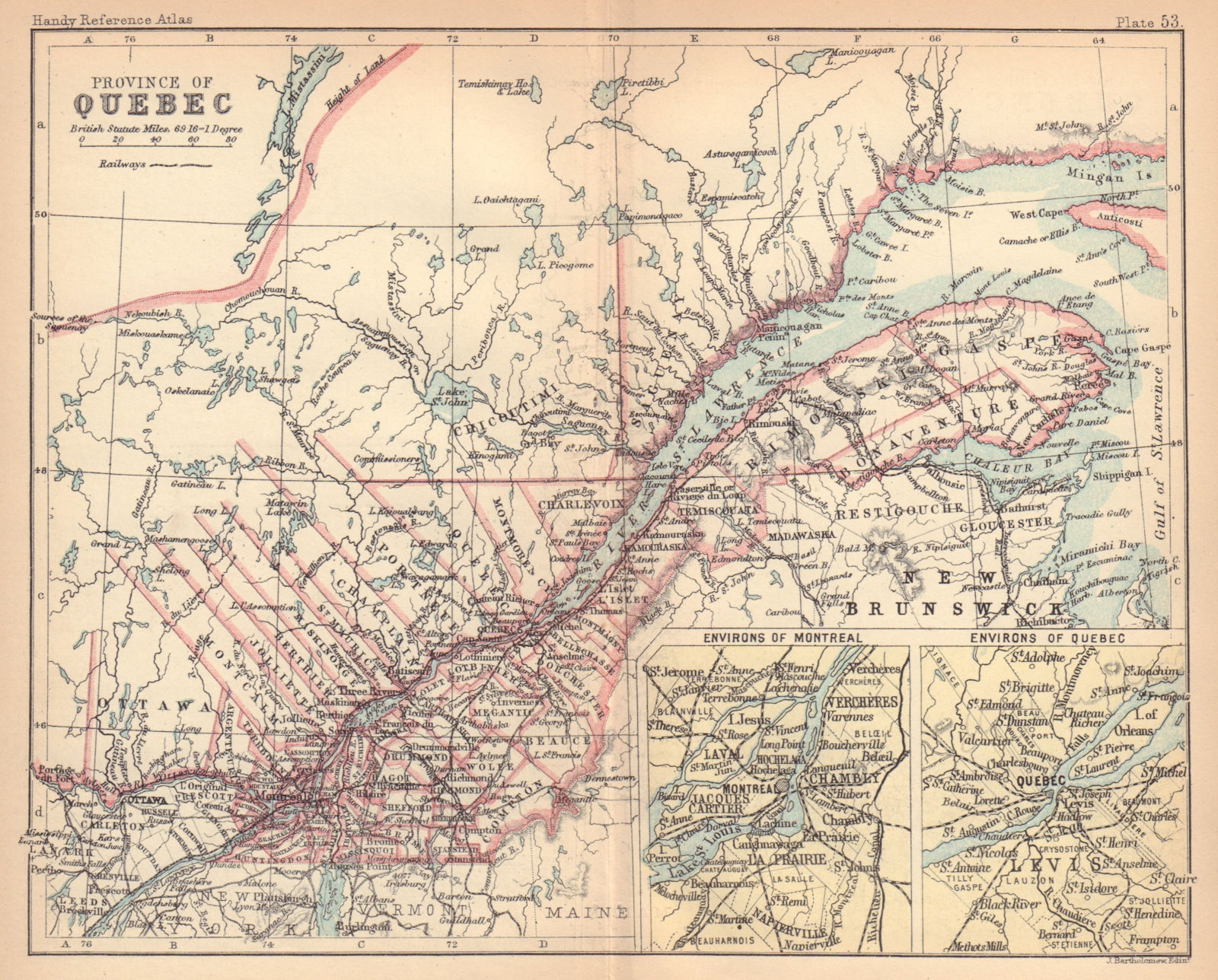 Quebec Province. Montreal & Quebec City environs. Canada. BARTHOLOMEW 1888 map