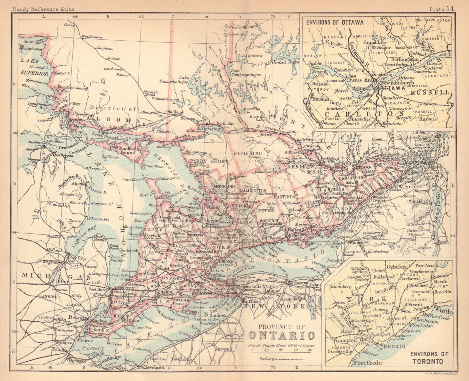 Associate Product Ontario Province. Ottawa & Toronto environs. Canada. BARTHOLOMEW 1888 old map