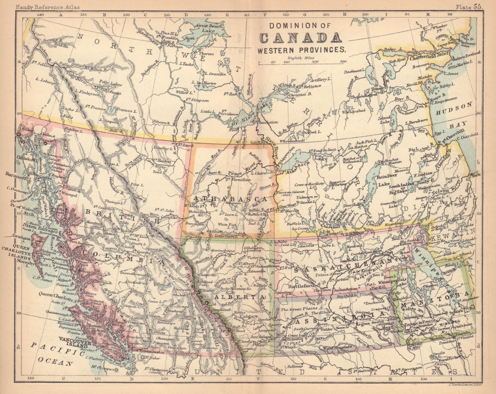 Canada Western Provinces. British Columbia. Alberta. BARTHOLOMEW 1888 old map