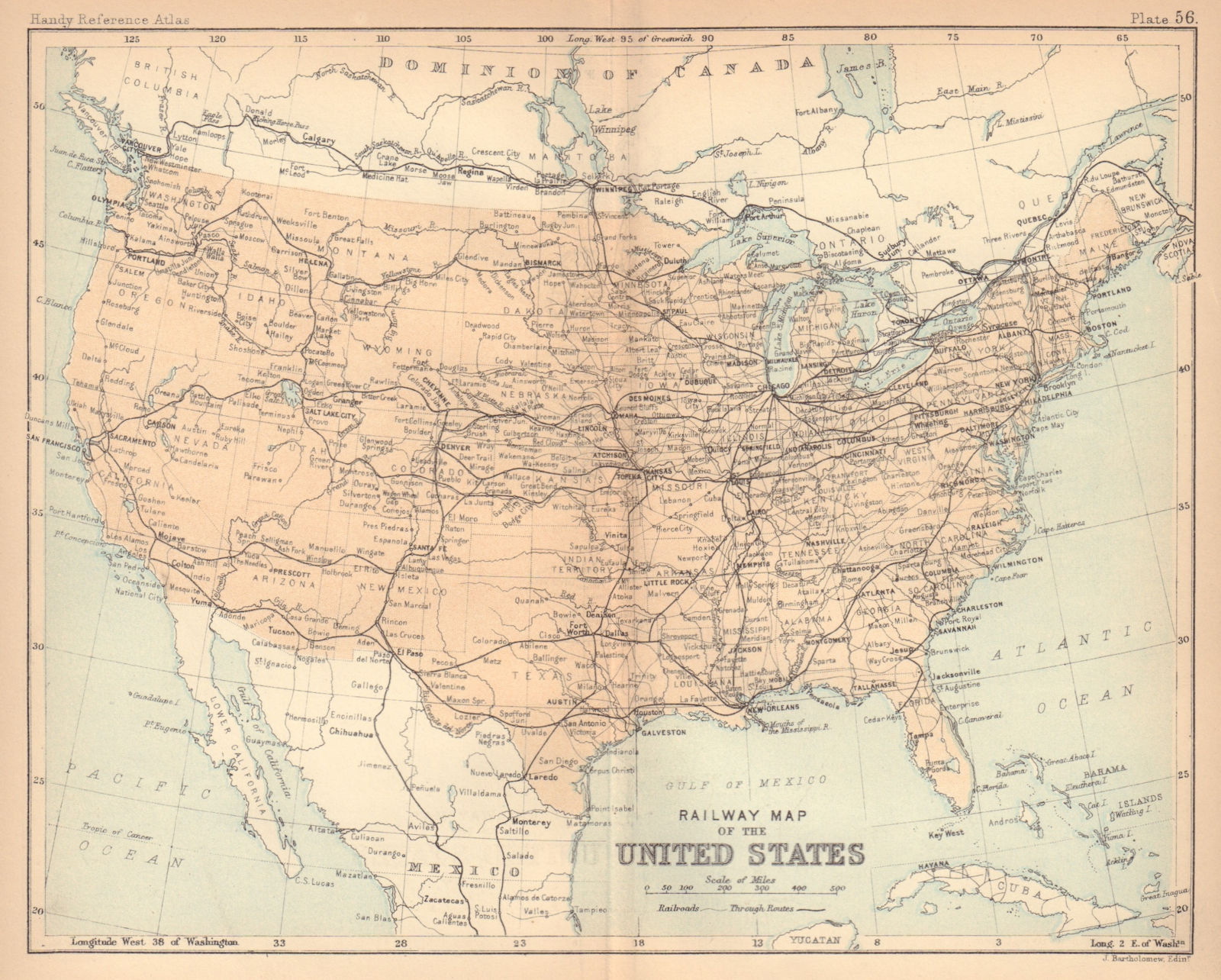 Railway Map of the United States. USA. BARTHOLOMEW 1888 old antique chart