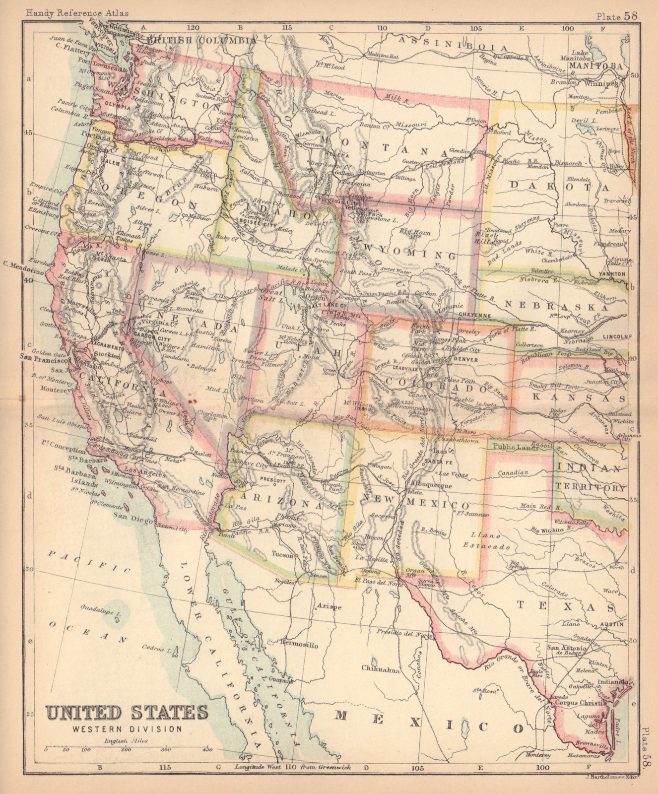 United States Western Division. USA. BARTHOLOMEW 1888 old antique map chart