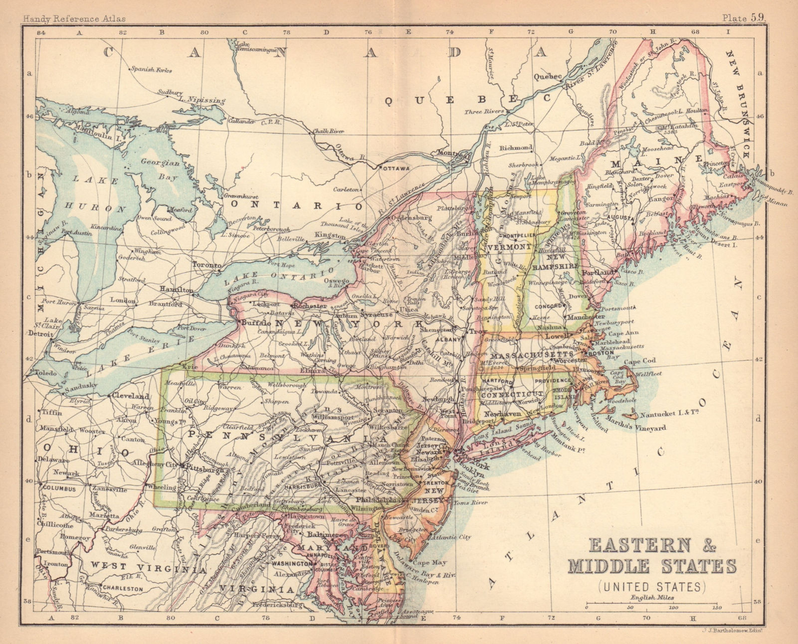 Eastern & Middle United States. USA New England. BARTHOLOMEW 1888 old map