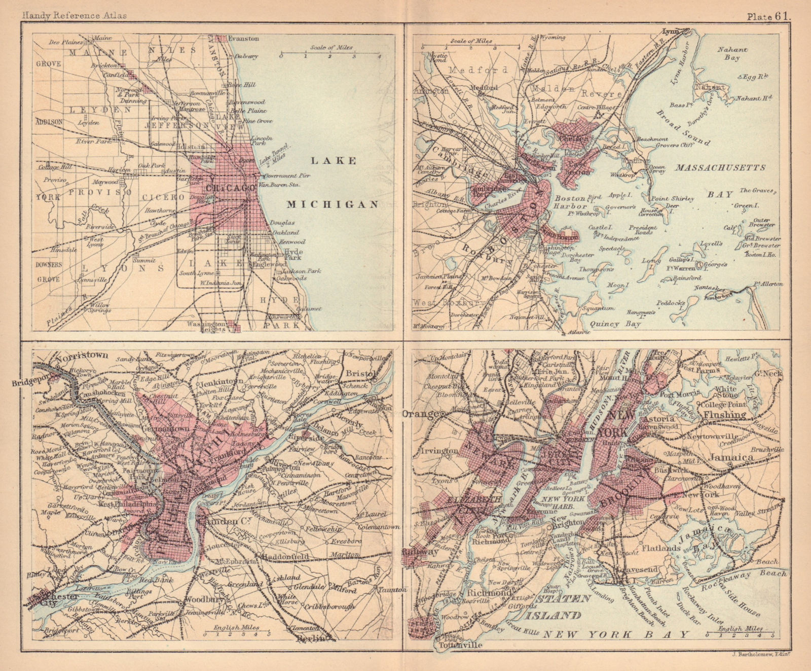 Associate Product New York, Boston, Philadelphia & Chicago. US Cities. BARTHOLOMEW 1888 old map
