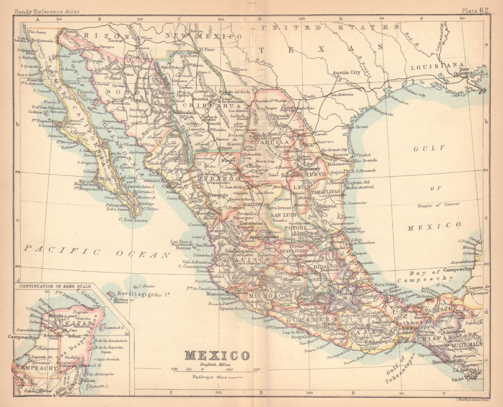 Mexico. Antique map. BARTHOLOMEW 1888 old vintage plan chart