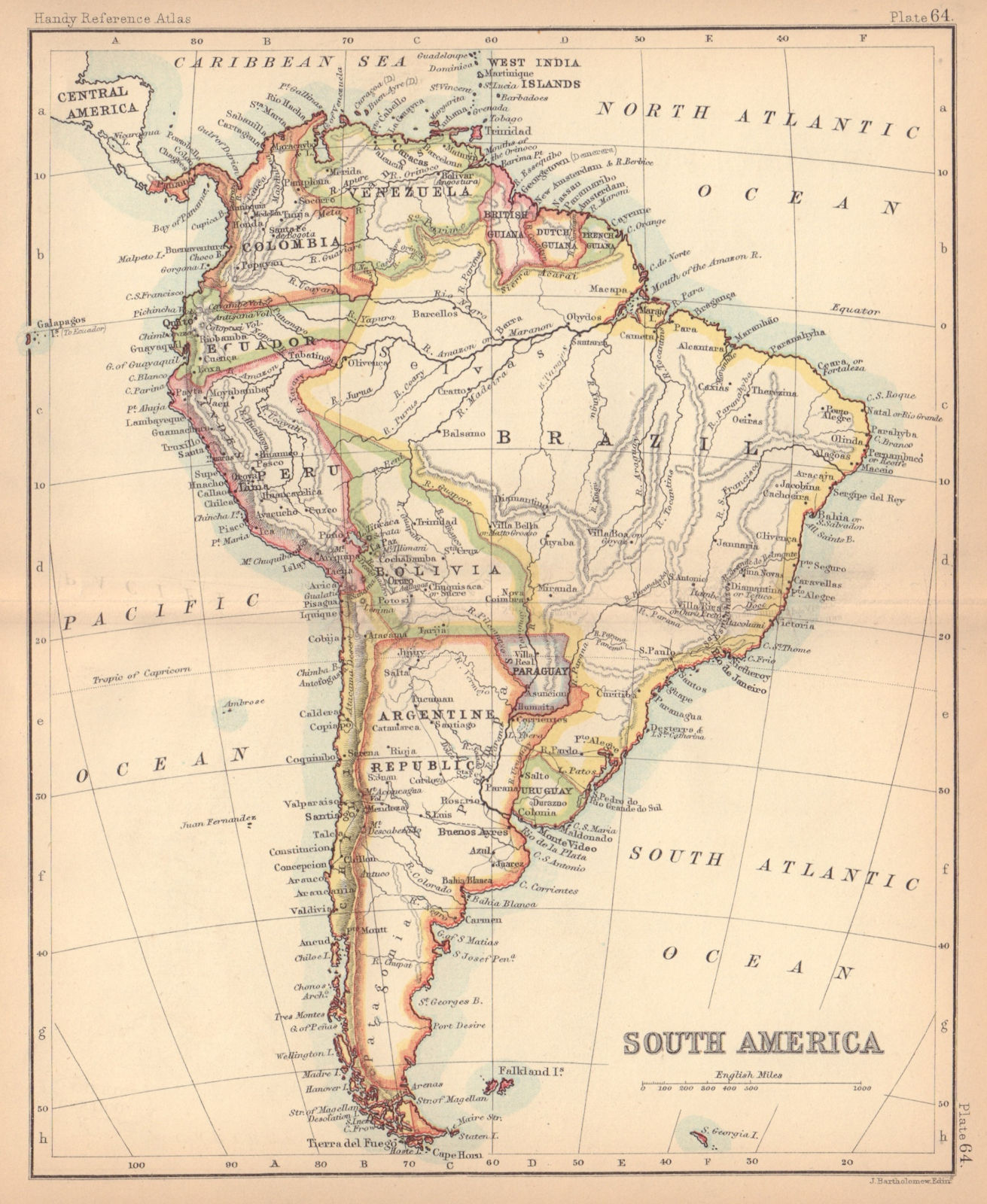 South America political. BARTHOLOMEW 1888 old antique vintage map plan chart