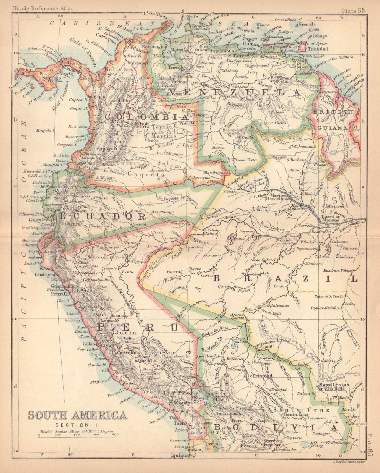 South America #1. Peru Ecuador Colombia Venezuela Amazonia. BARTHOLOMEW 1888 map