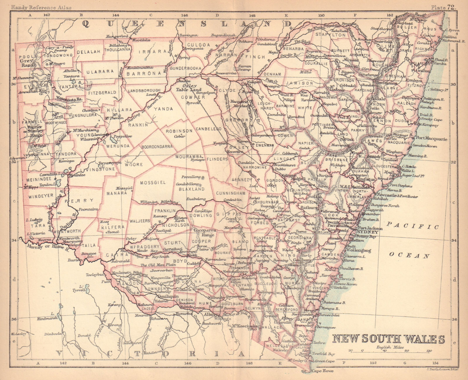 New South Wales in counties. BARTHOLOMEW 1888 old antique map plan chart