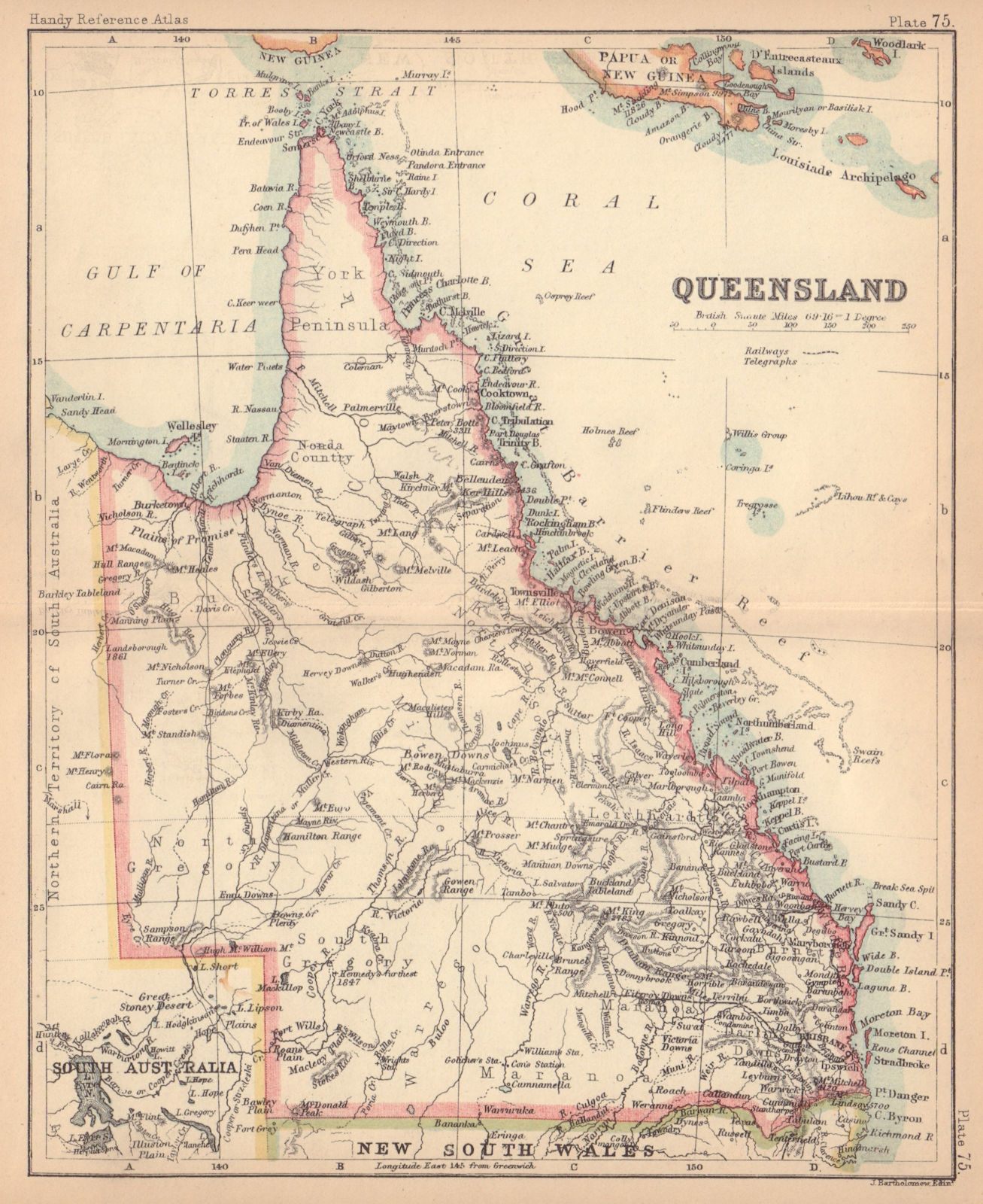 Queensland. BARTHOLOMEW 1888 old antique vintage map plan chart