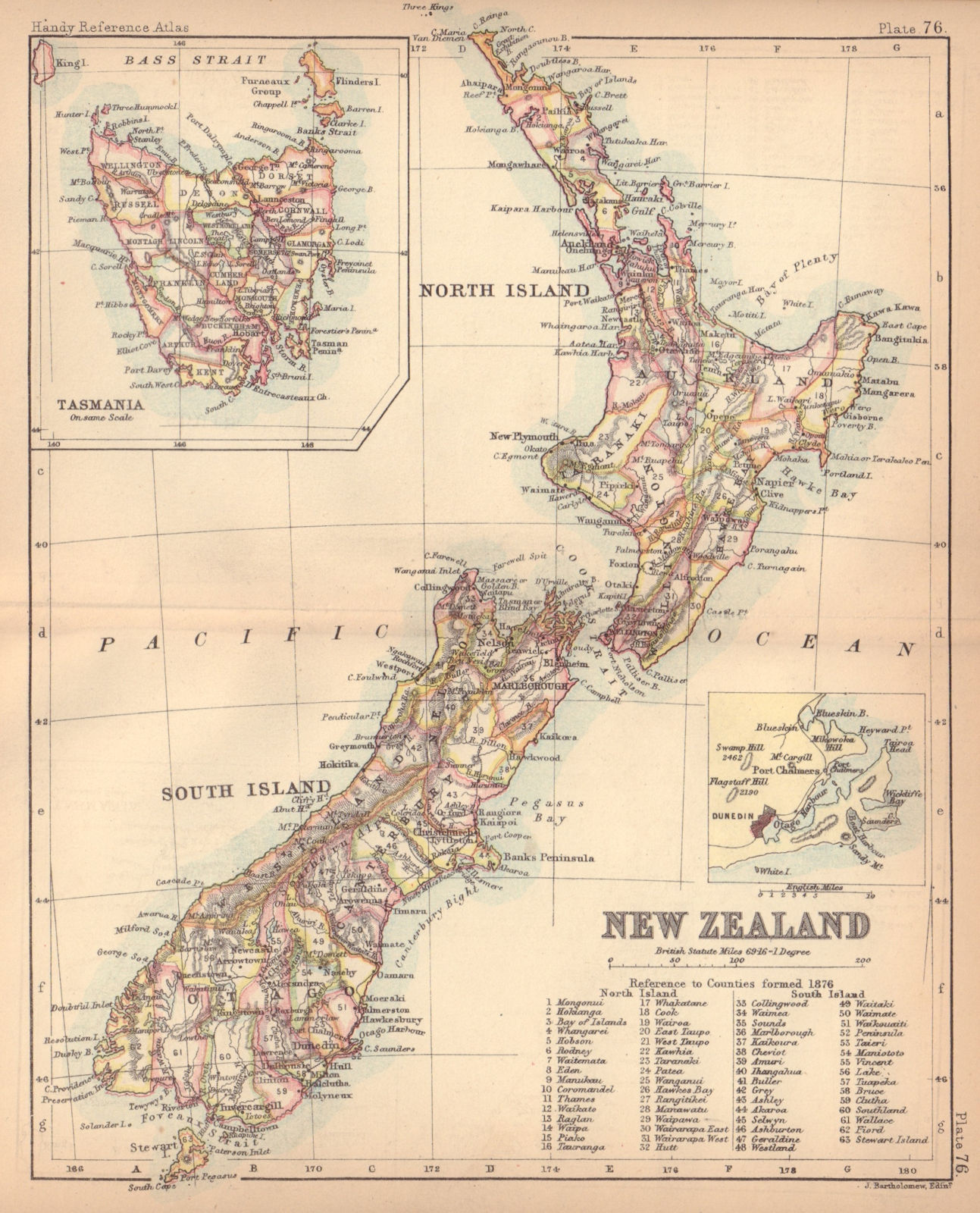 New Zealand & Tasmania. BARTHOLOMEW 1888 old antique vintage map plan chart