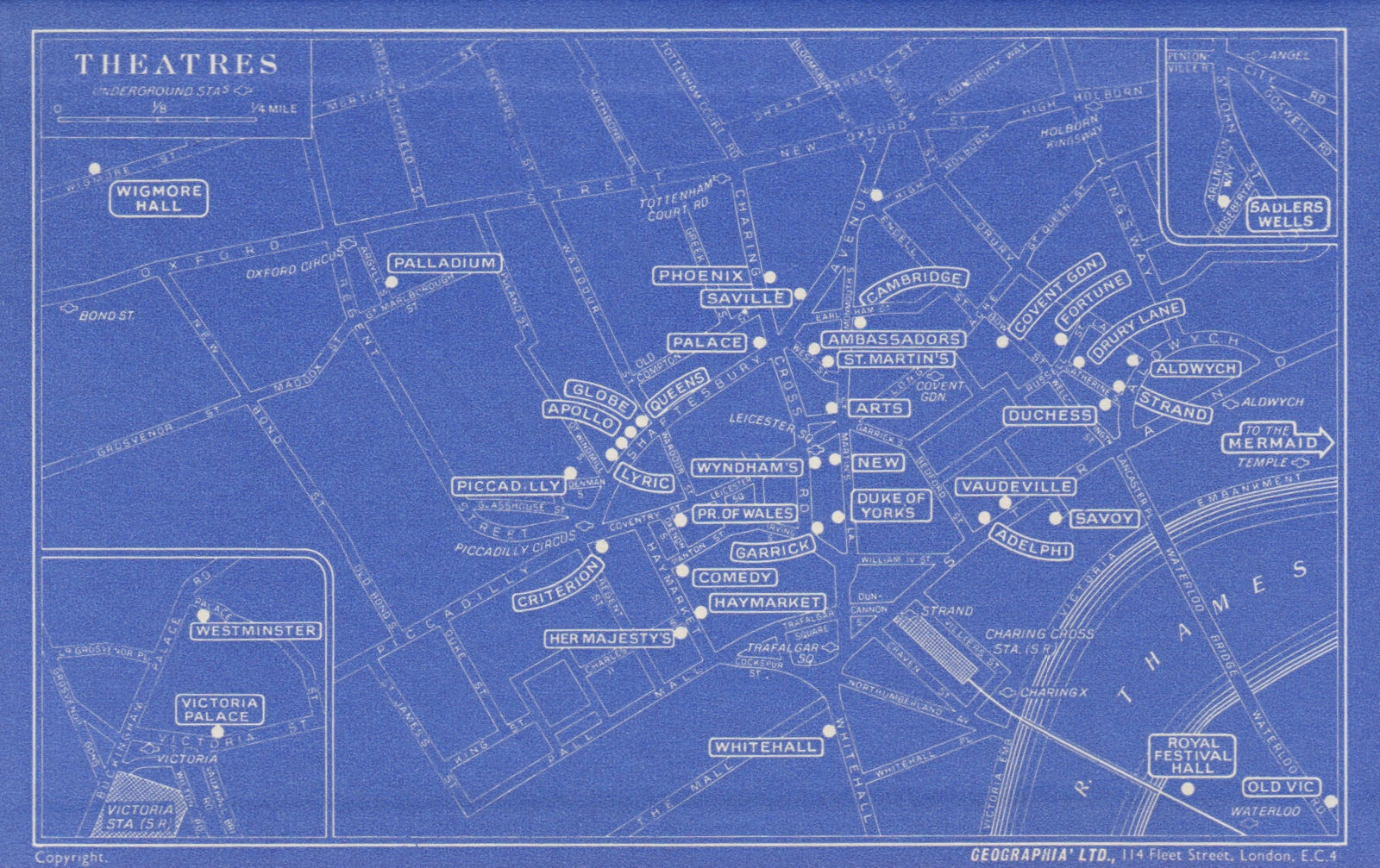 LONDON WEST END THEATRES Covent Garden St James's Shaftesbury Avenue 1965 map