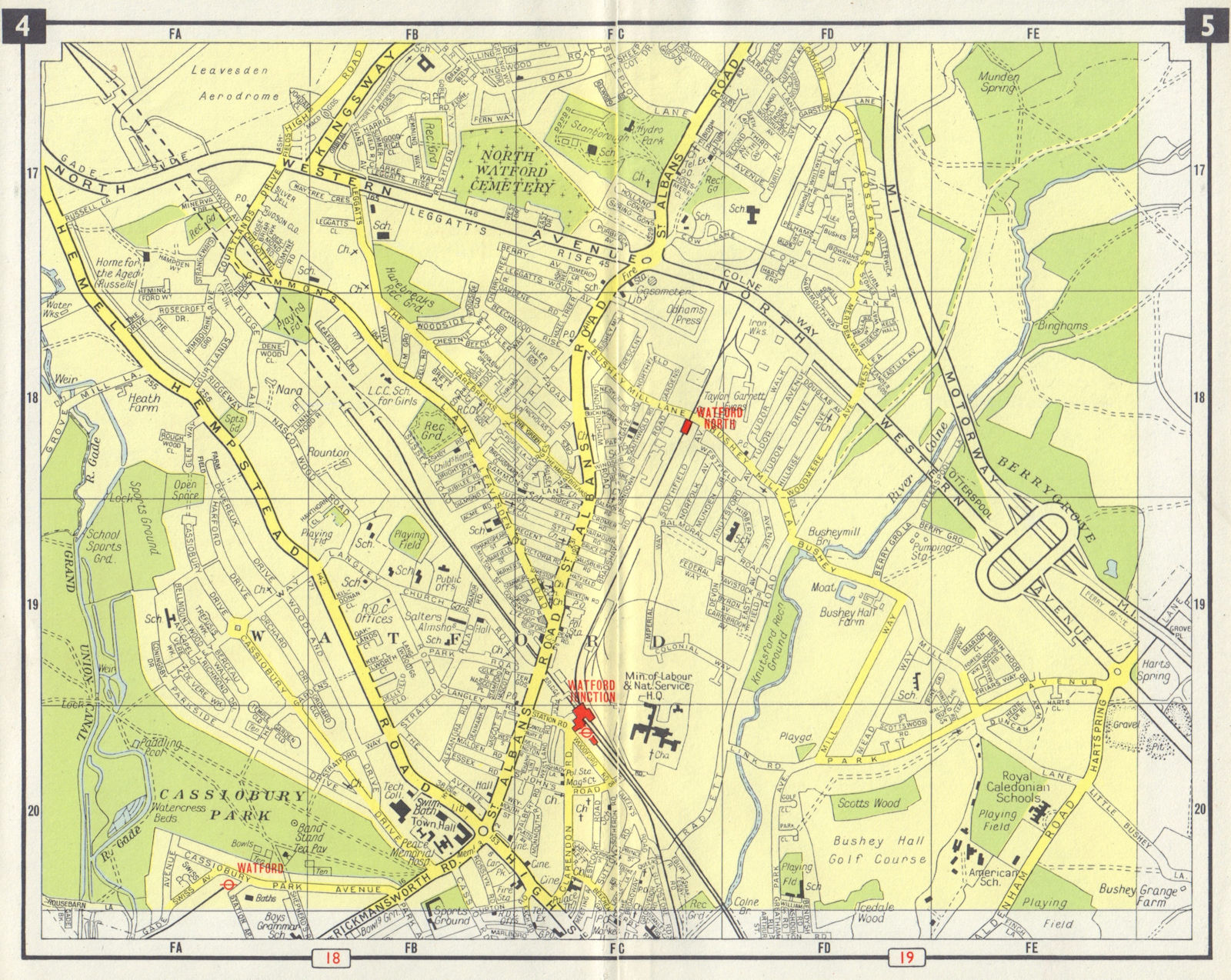 NW LONDON Watford Junction North Bushey Cassiobury Park Hertfordshire 1965 map
