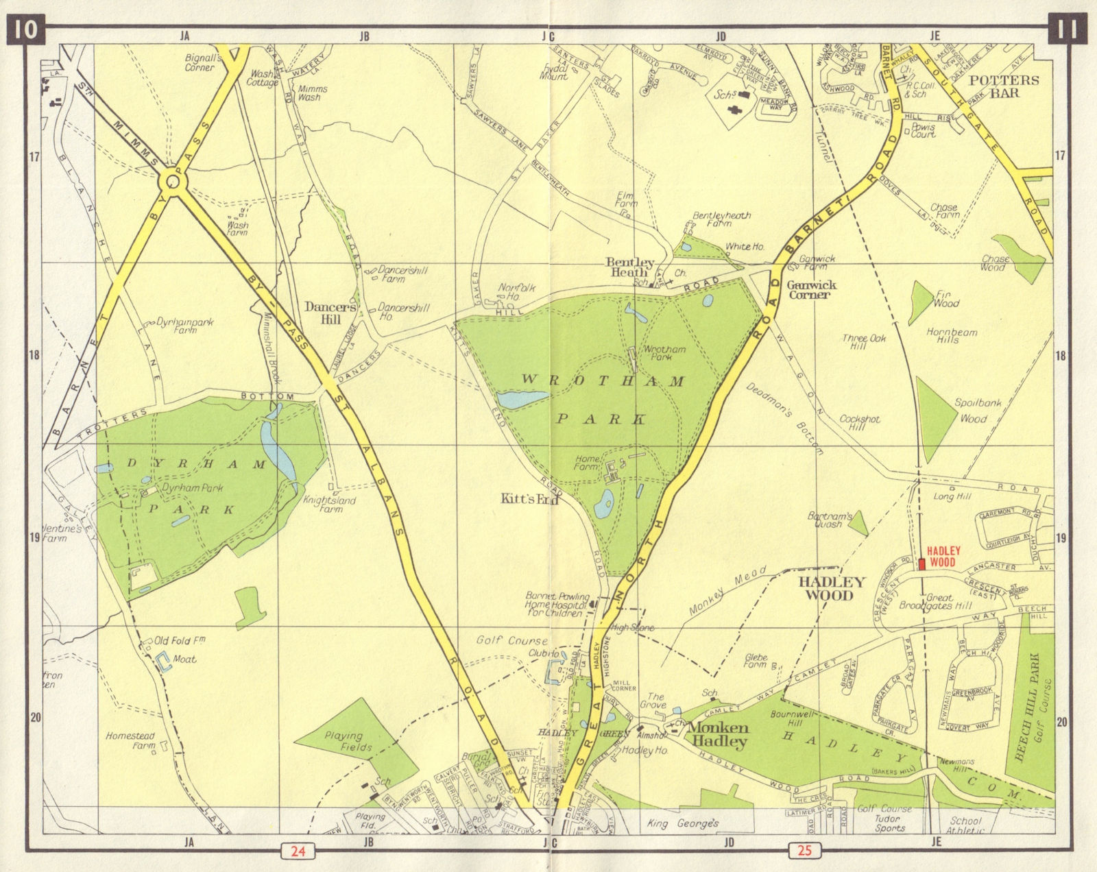 N LONDON Monken Hadley Wood Potters Bar Barnet Wrotham Pk Hertfordshire 1965 map