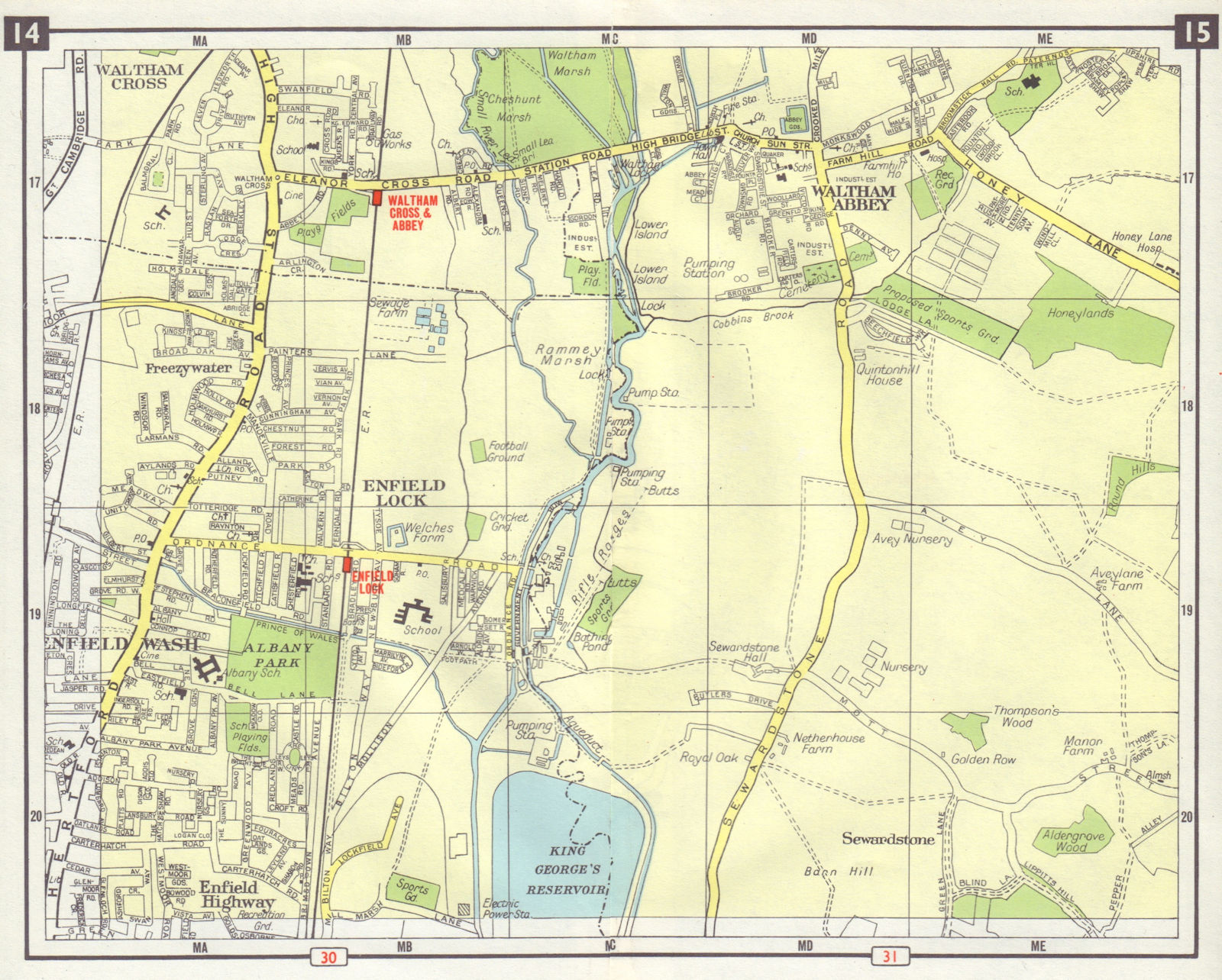NE LONDON Waltham Cross Abbey Enfield Lock Wash Sewardstone Freezy W 1965 map