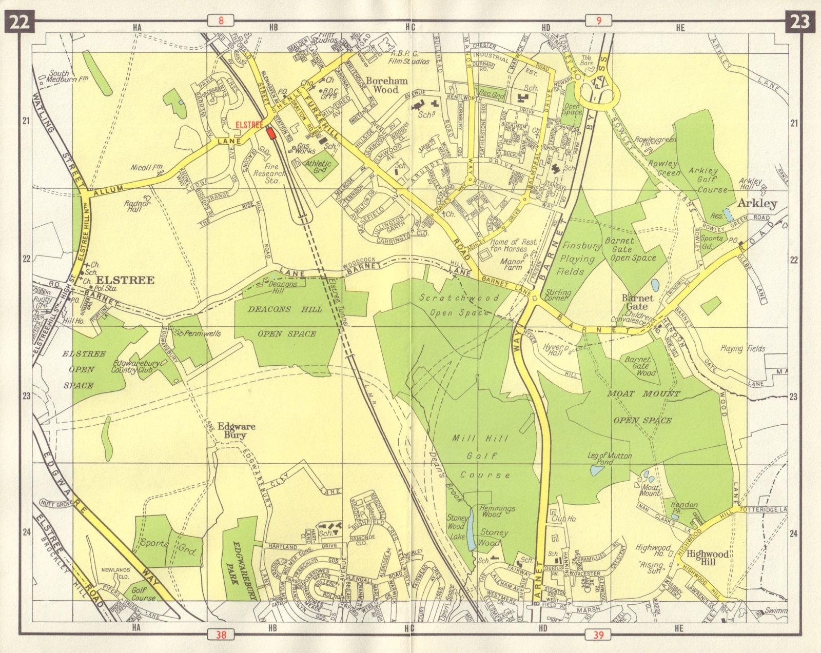 Associate Product NW LONDON Elstree Borehamwood Barnet Gate Highwood Hill M1 projected 1965 map