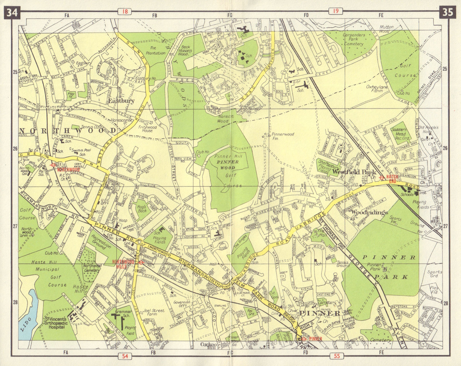 NW LONDON Pinner Northwood Westfield Park Hatch End Woodridings 1965 old map
