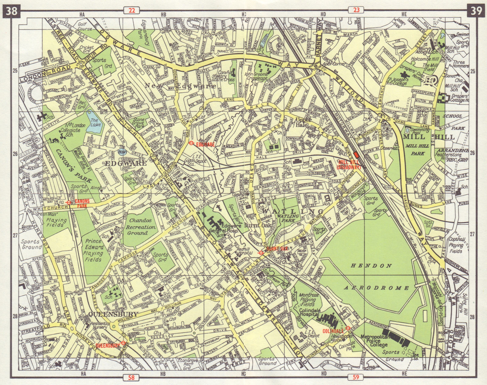 NW LONDON Edgware Mill Hill Burnt Oak Queensbury Colindale M1 open 1965 map