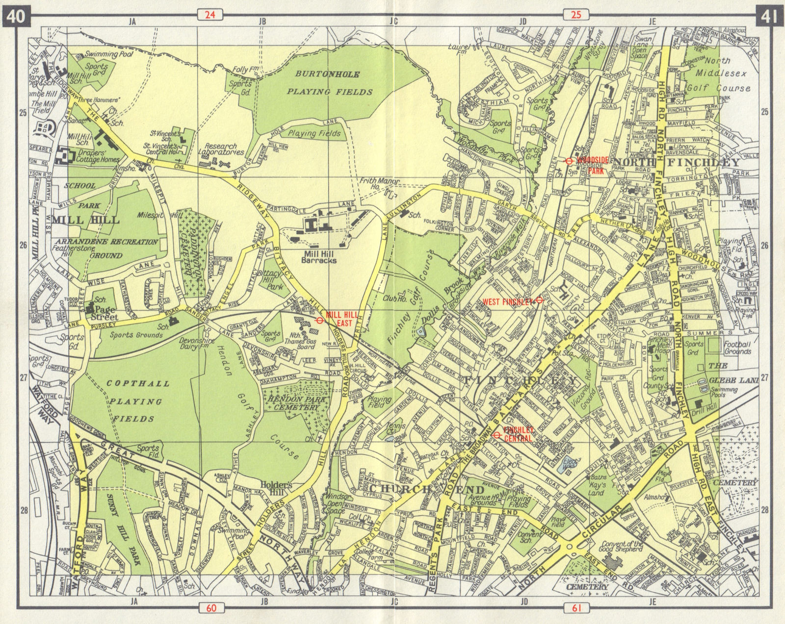 N LONDON Church End Finchley Holder's Hill Mill Hill North Finchley 1965 map