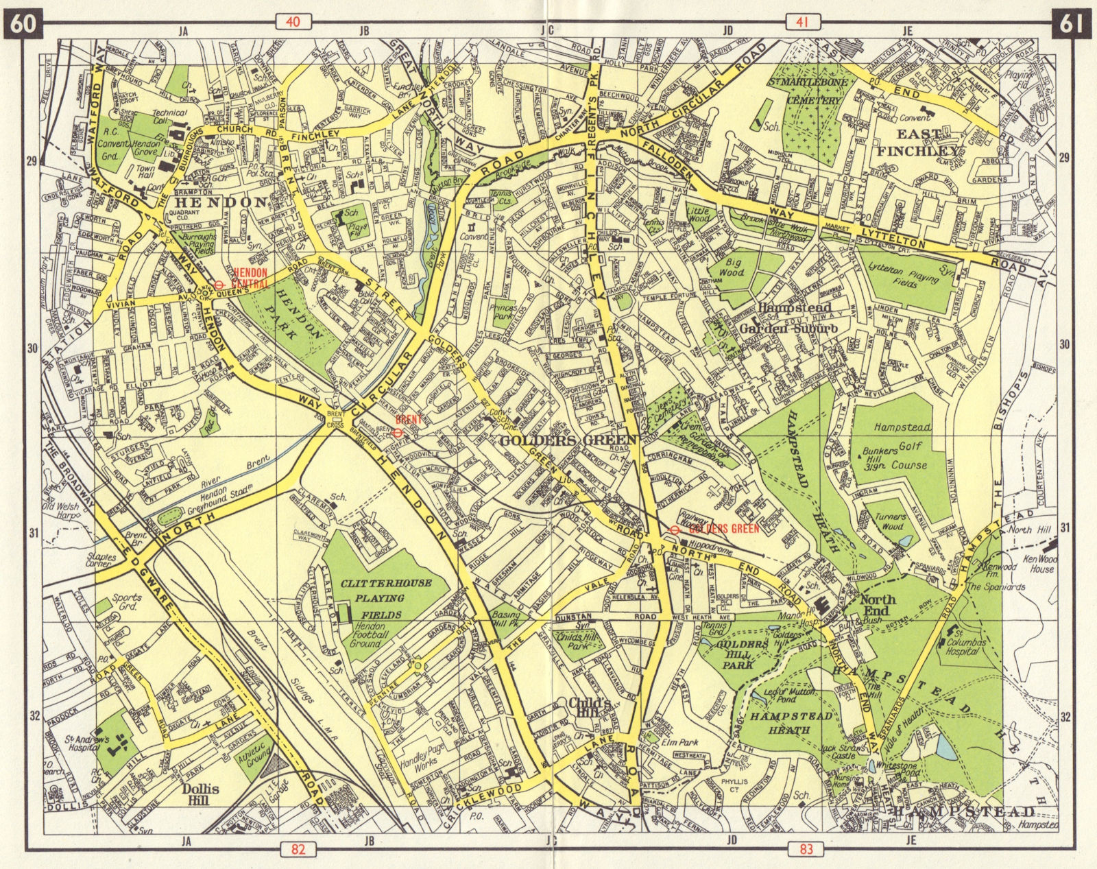 NW LONDON Hendon East Finchley Golder's Green Child's Hill North End 1965 map