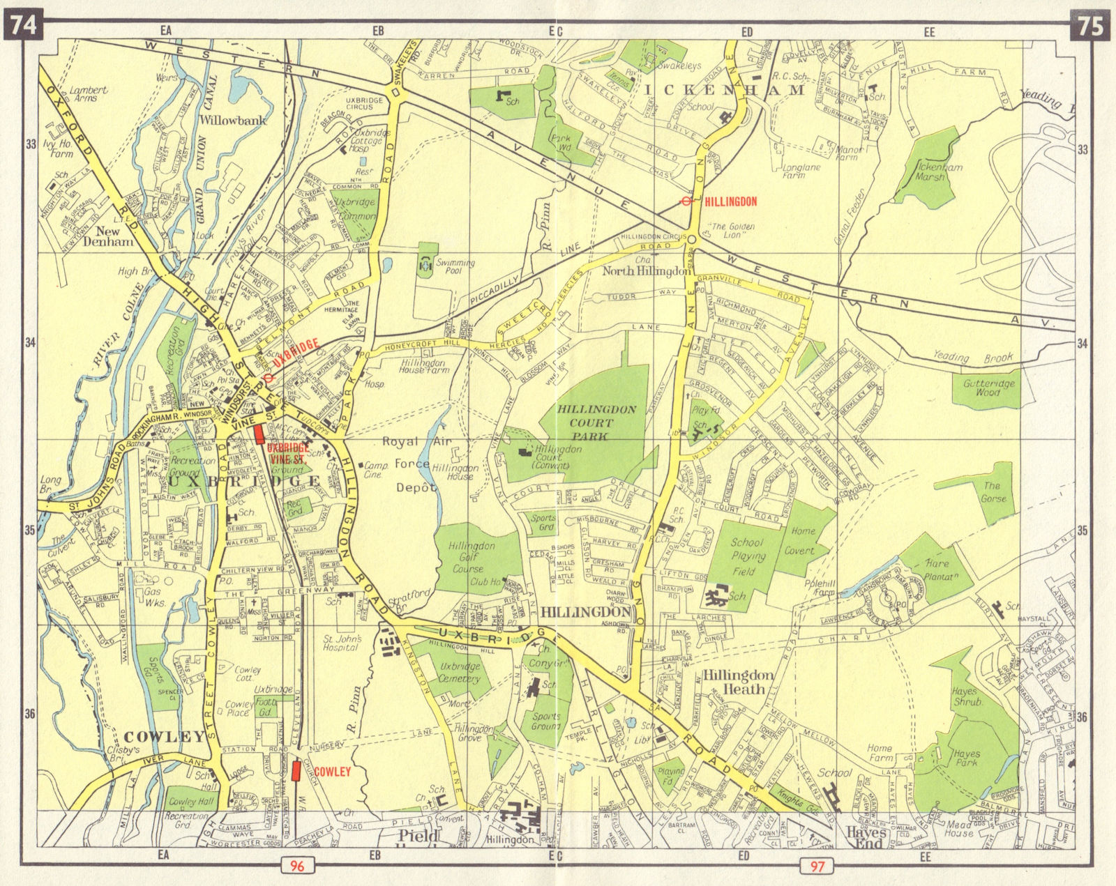 W LONDON Uxbridge Hillingdon Cowley Ickenham Hayes End Pied Heath 1965 old map