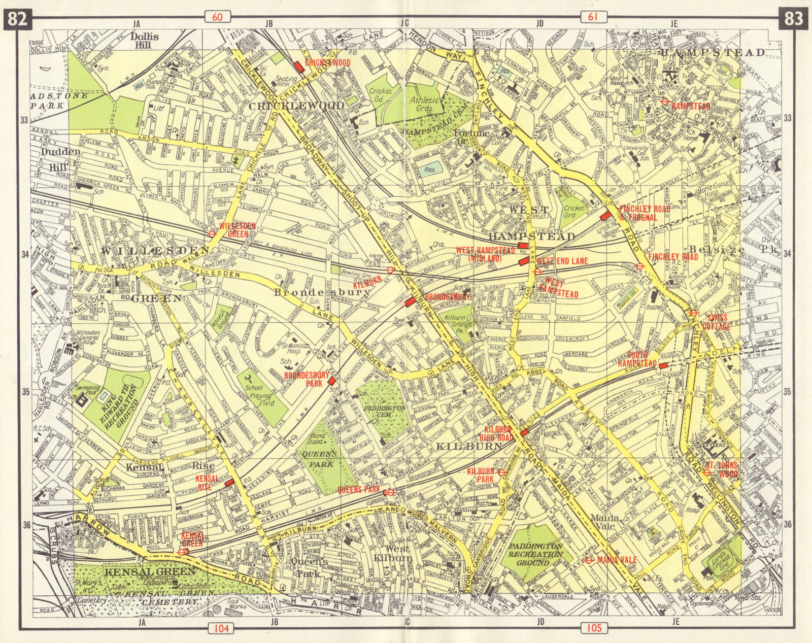 Associate Product NW LONDON Cricklewood West Hampstead Brondesbury Kensal Rise Kilburn 1965 map