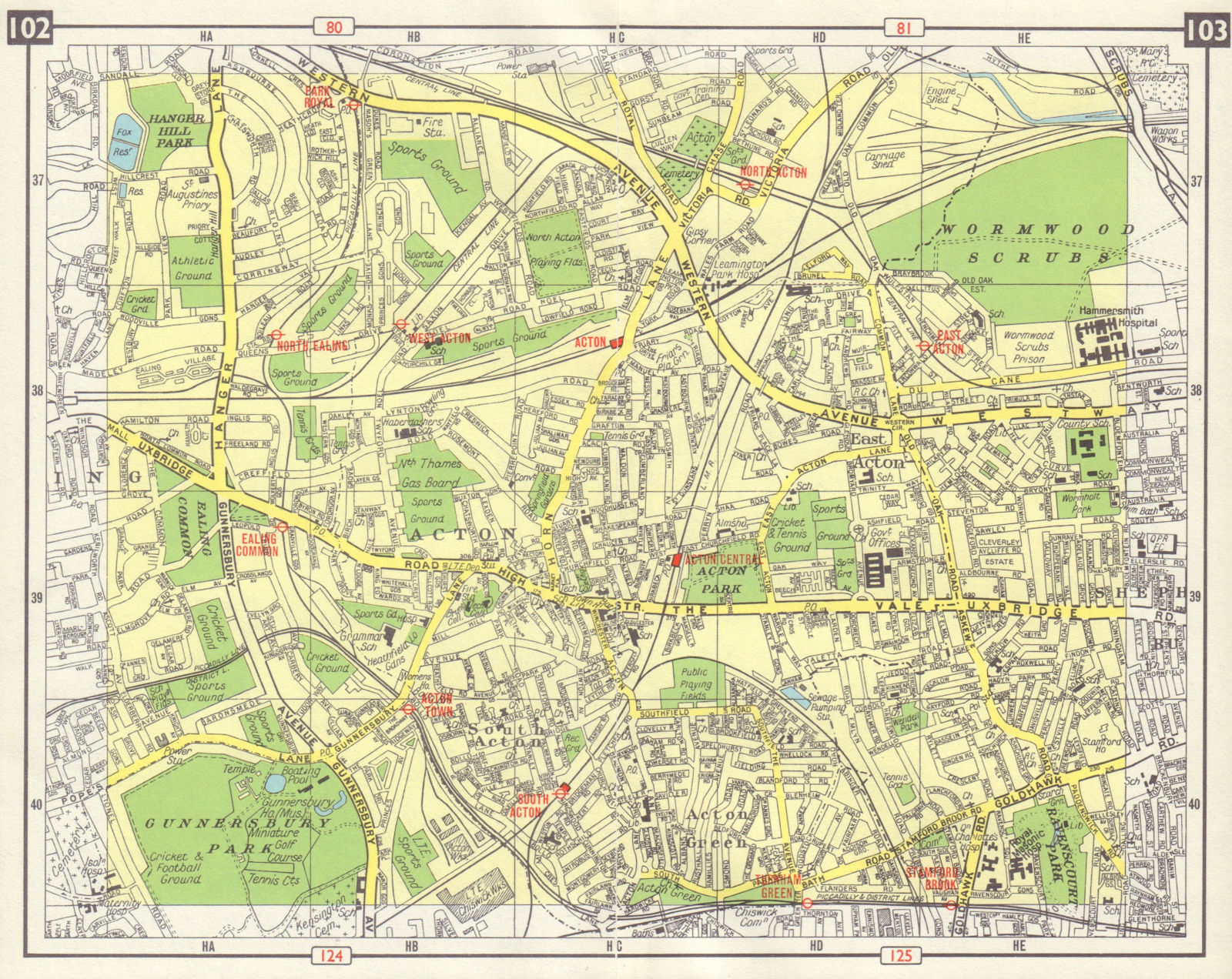W LONDON Acton Gunnersbury Park Royal Ealing Common Turnham Green 1965 old map