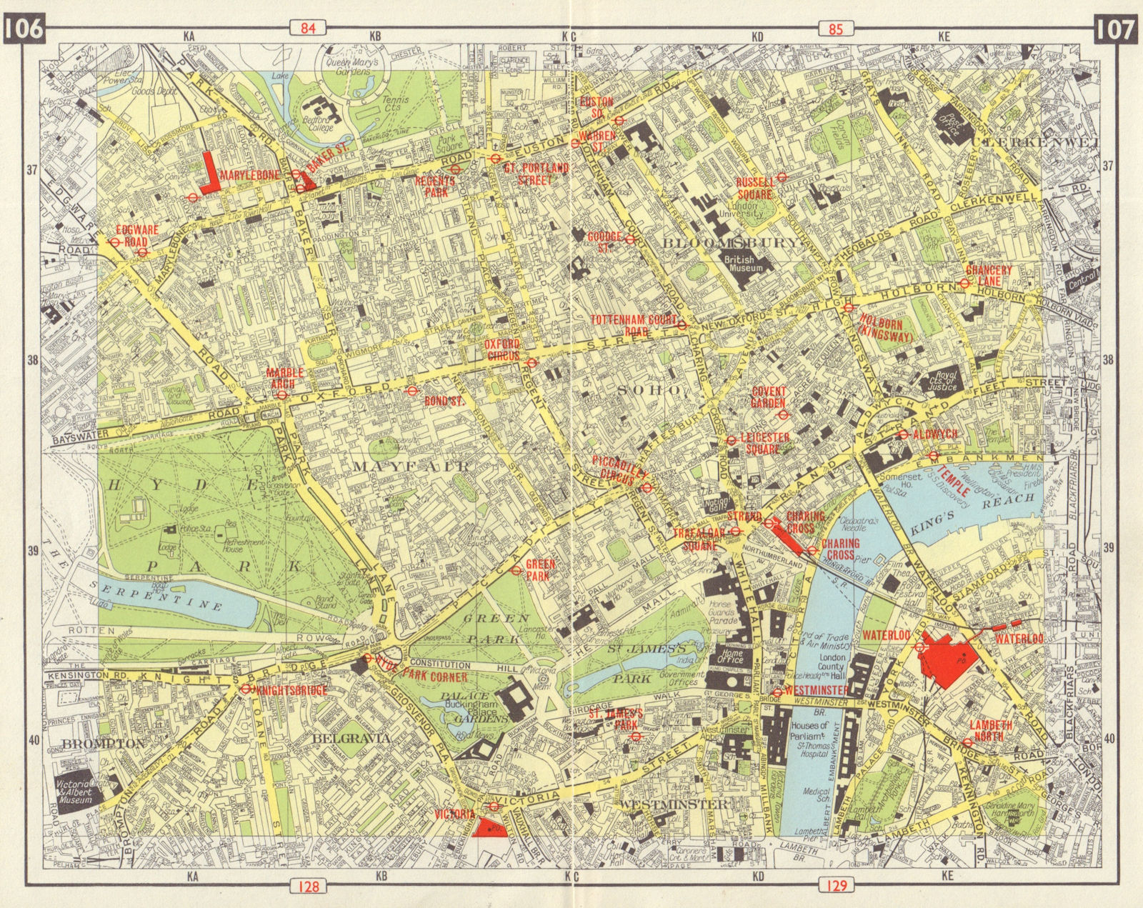 LONDON WEST END Mayfair West End Soho Bloomsbury Belgravia Westminster 1965 map