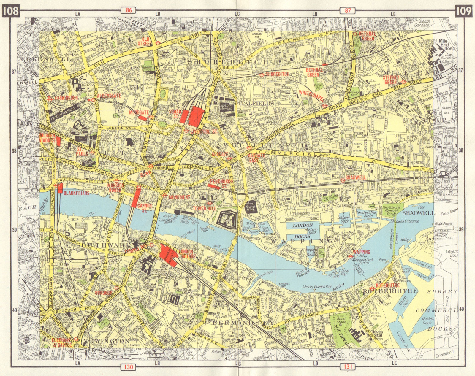 LONDON CITY/EAST END Southwark Shoreditch Whitechapel Bermondsey 1965 old map