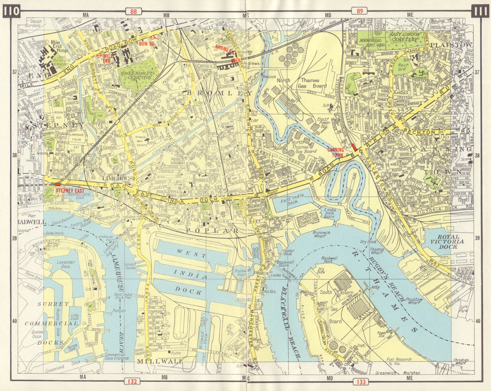 Associate Product E LONDON Bromley Mile End Limehouse Canning Town Millwall Poplar 1965 old map