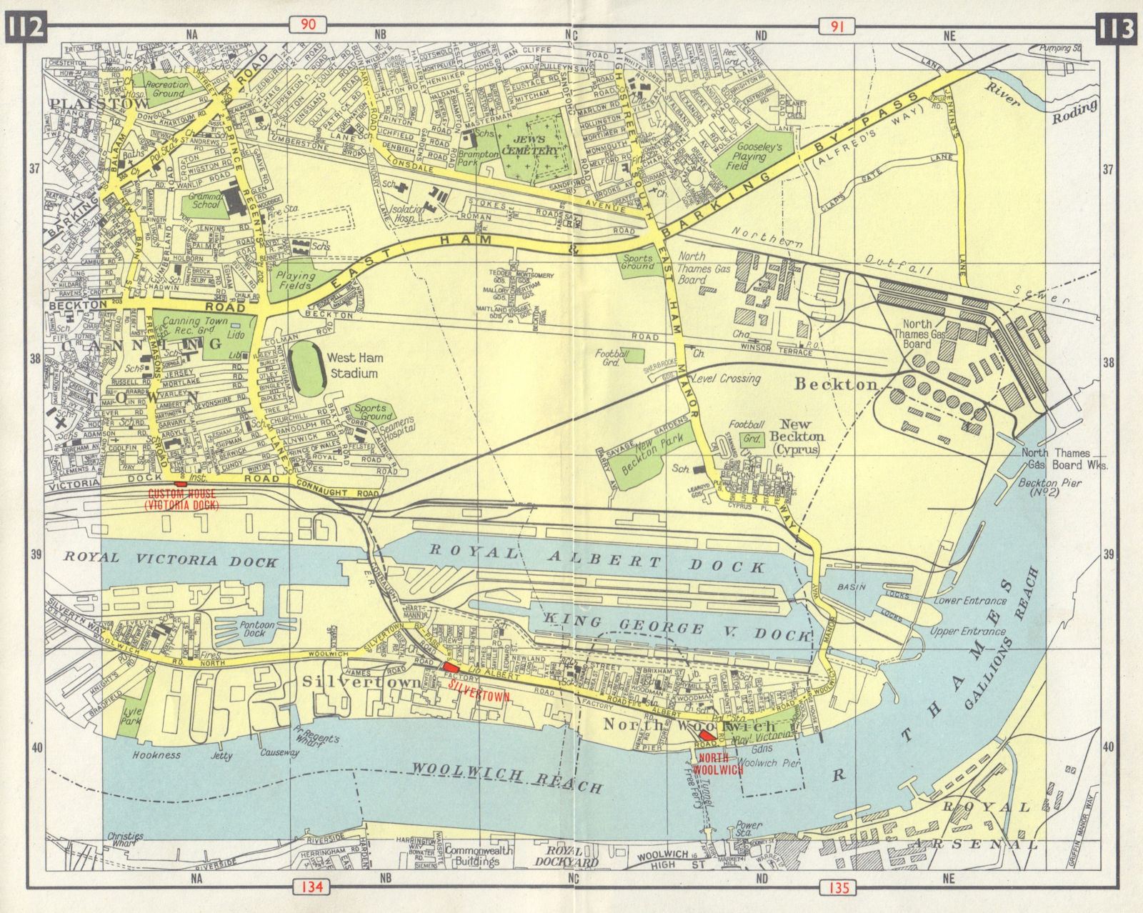 Associate Product E LONDON Beckton Plaistow Silvertown Woolwich Canning Town Royal Docks 1965 map