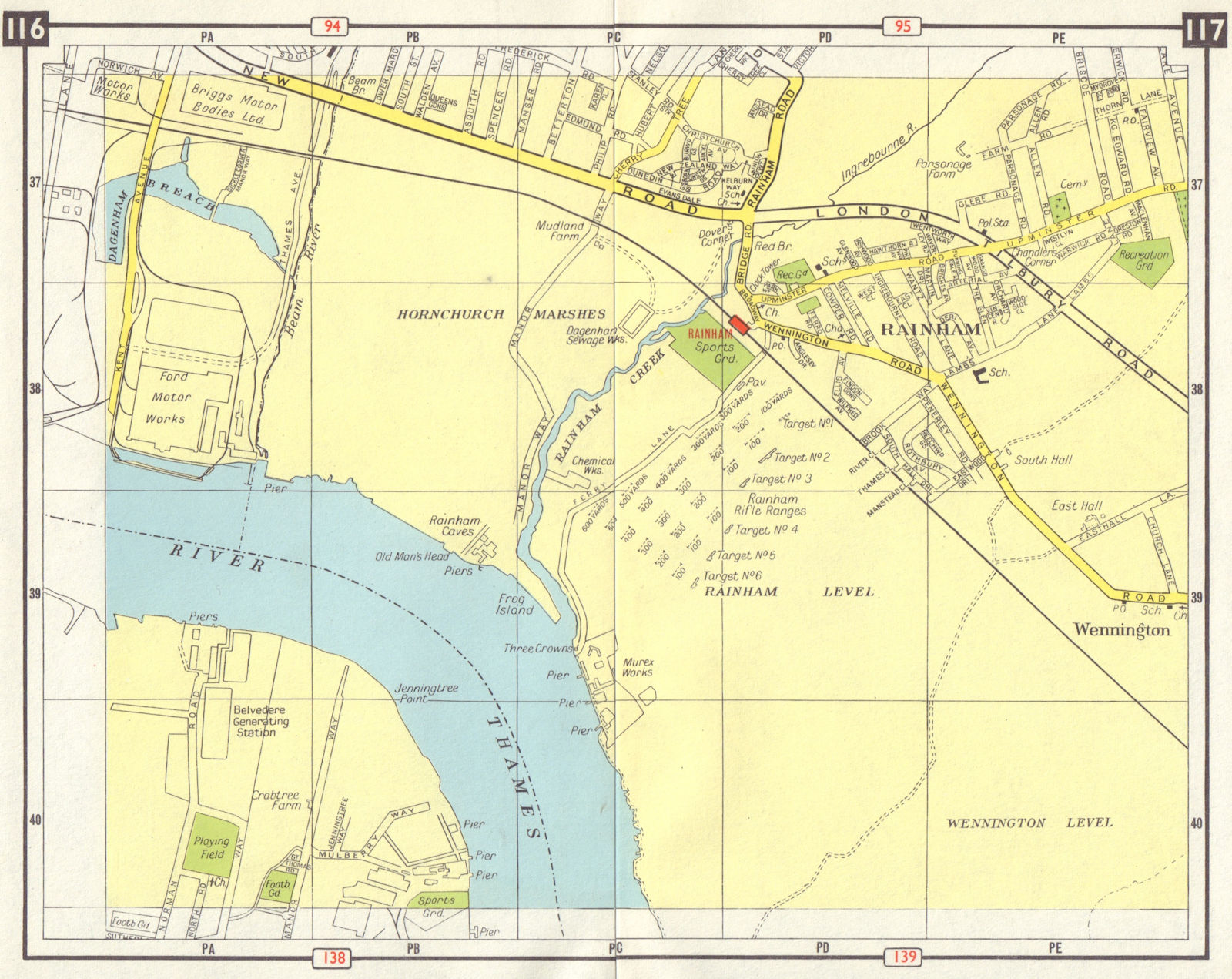 E LONDON Rainham Hornchurch Wennington Marshes Belvedere Dagenham 1965 old map