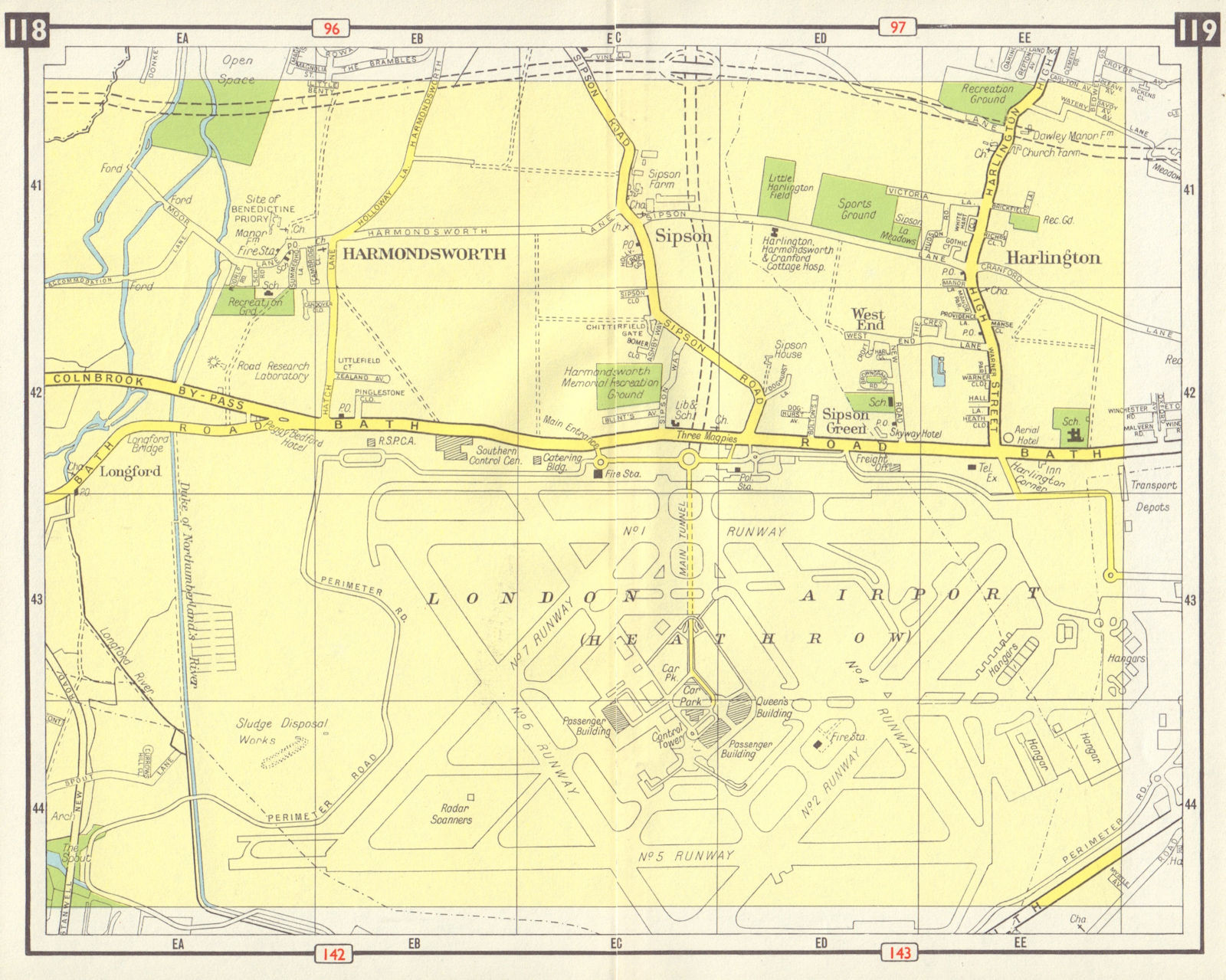 SW LONDON Heathrow Airport Harmondsworth Harlington Sipson M4 projected 1965 map