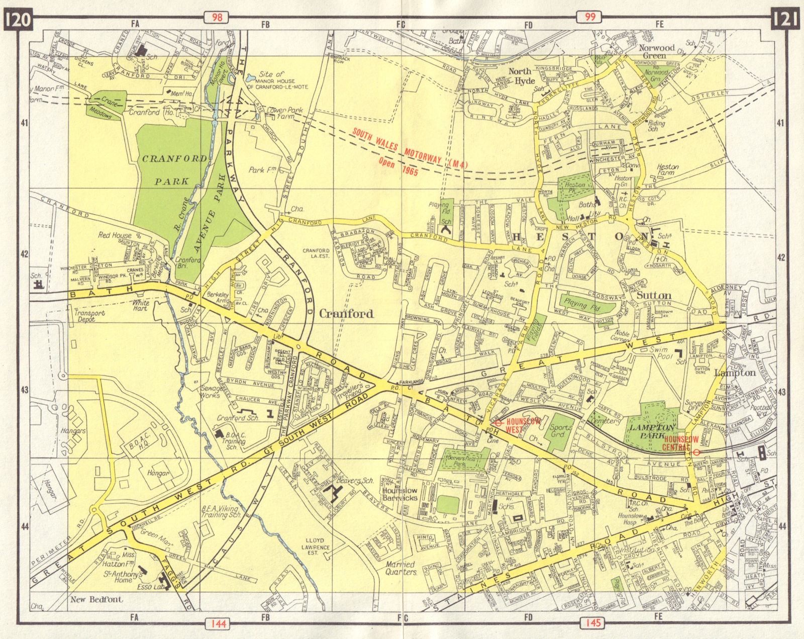 SW LONDON Hounslow Heston Cranford Bedfont Sutton Heathrow M4 projected 1965 map