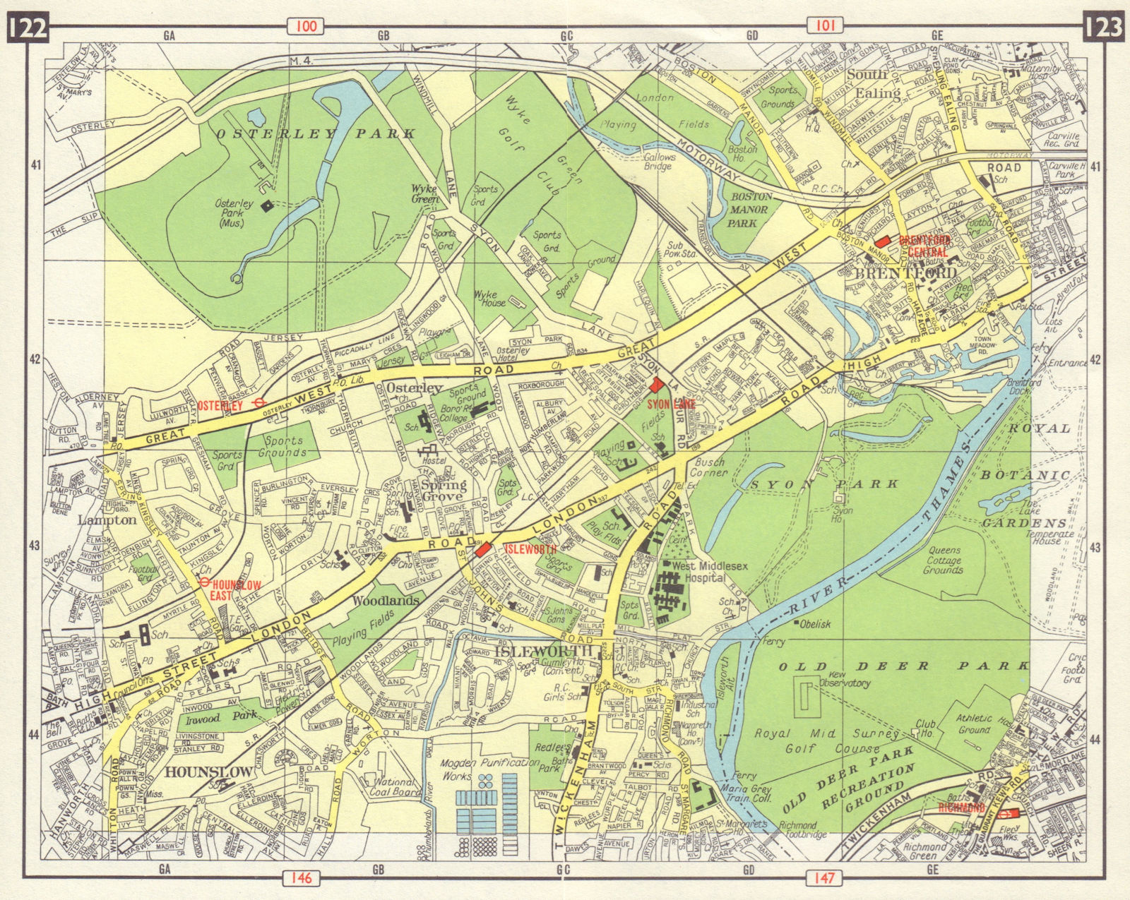 SW LONDON Hounslow Isleworth Osterley Brentford Richmond M4 open 1965 old map