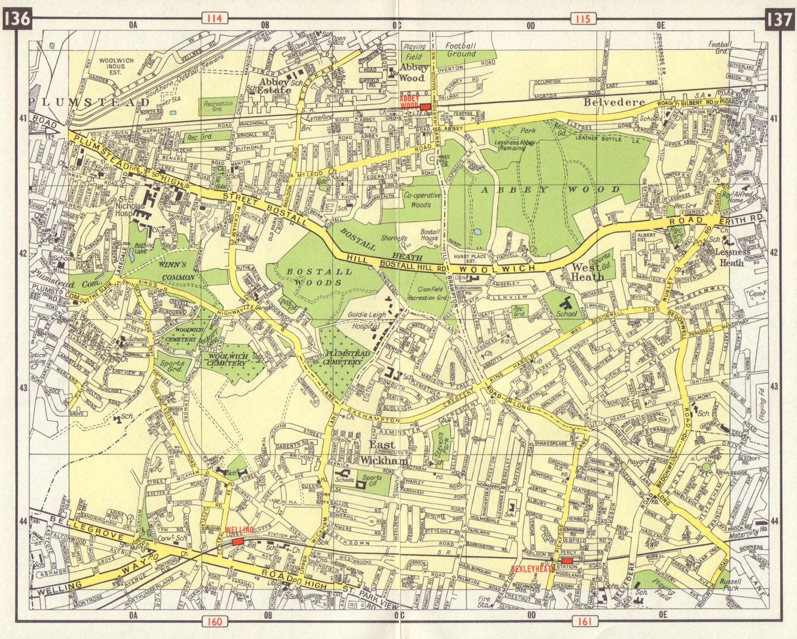 Associate Product SE LONDON Plumstead Abbey Wood Belvedere East Wickham Bexleyheath 1965 old map