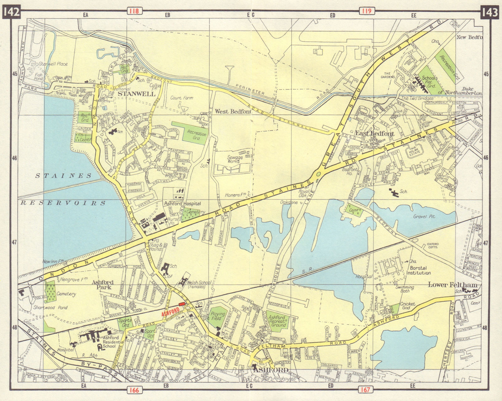 SE LONDON Stanwell East Bedfont Ashford Lower Feltham Heathrow Staines 1965 map
