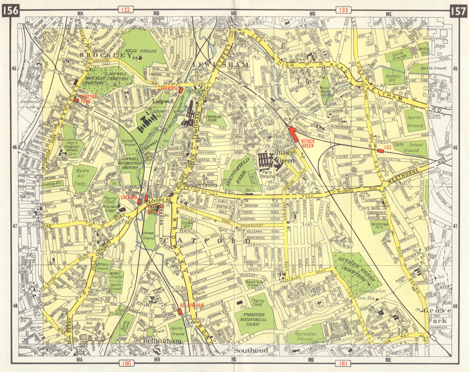 SE LONDON Catford Bellingham Hither Green Lewisham Lee Ladywell 1965 old map