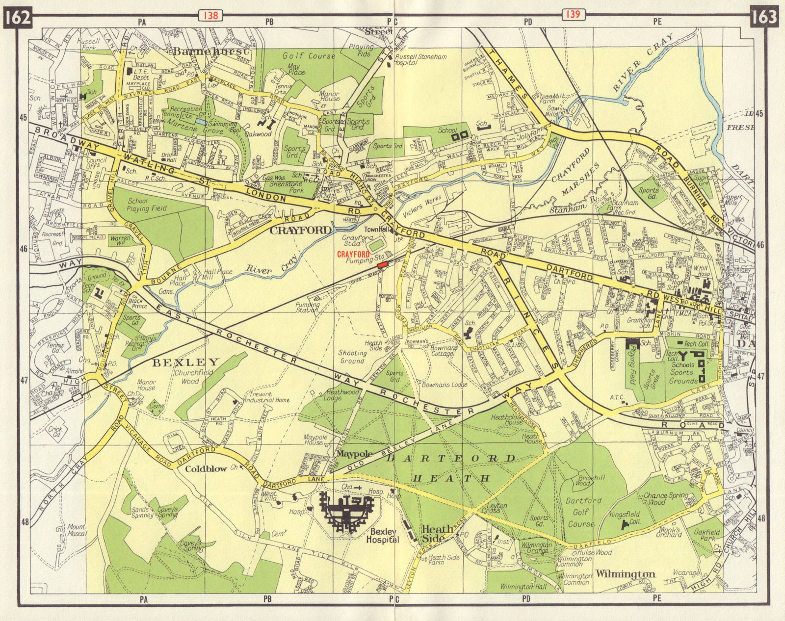 SE LONDON Crayford Wilmington Dartford Heath Bexley Barnehurst Dartford 1965 map