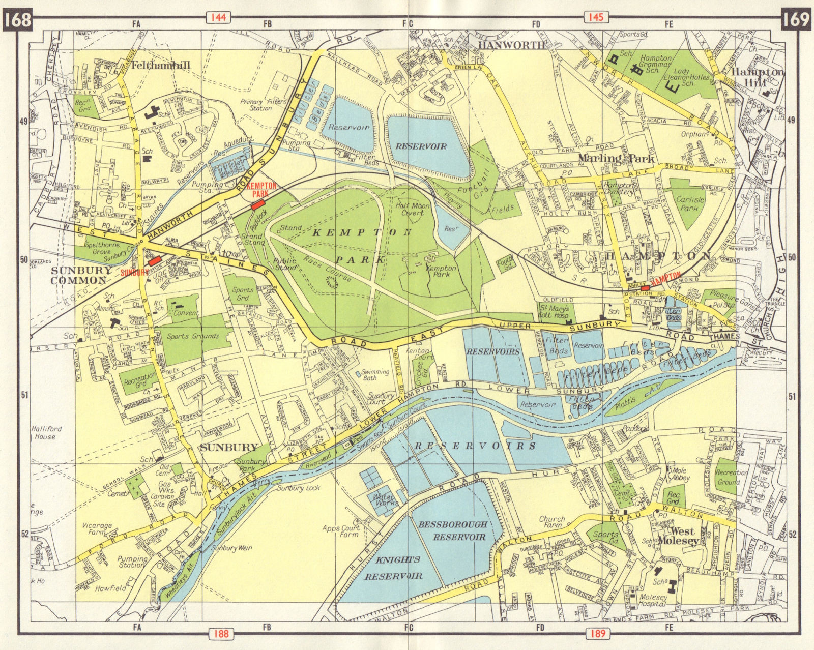 Associate Product SW LONDON Sunbury Hampton West Molesey Kempton Park Hanworth Feltham 1965 map