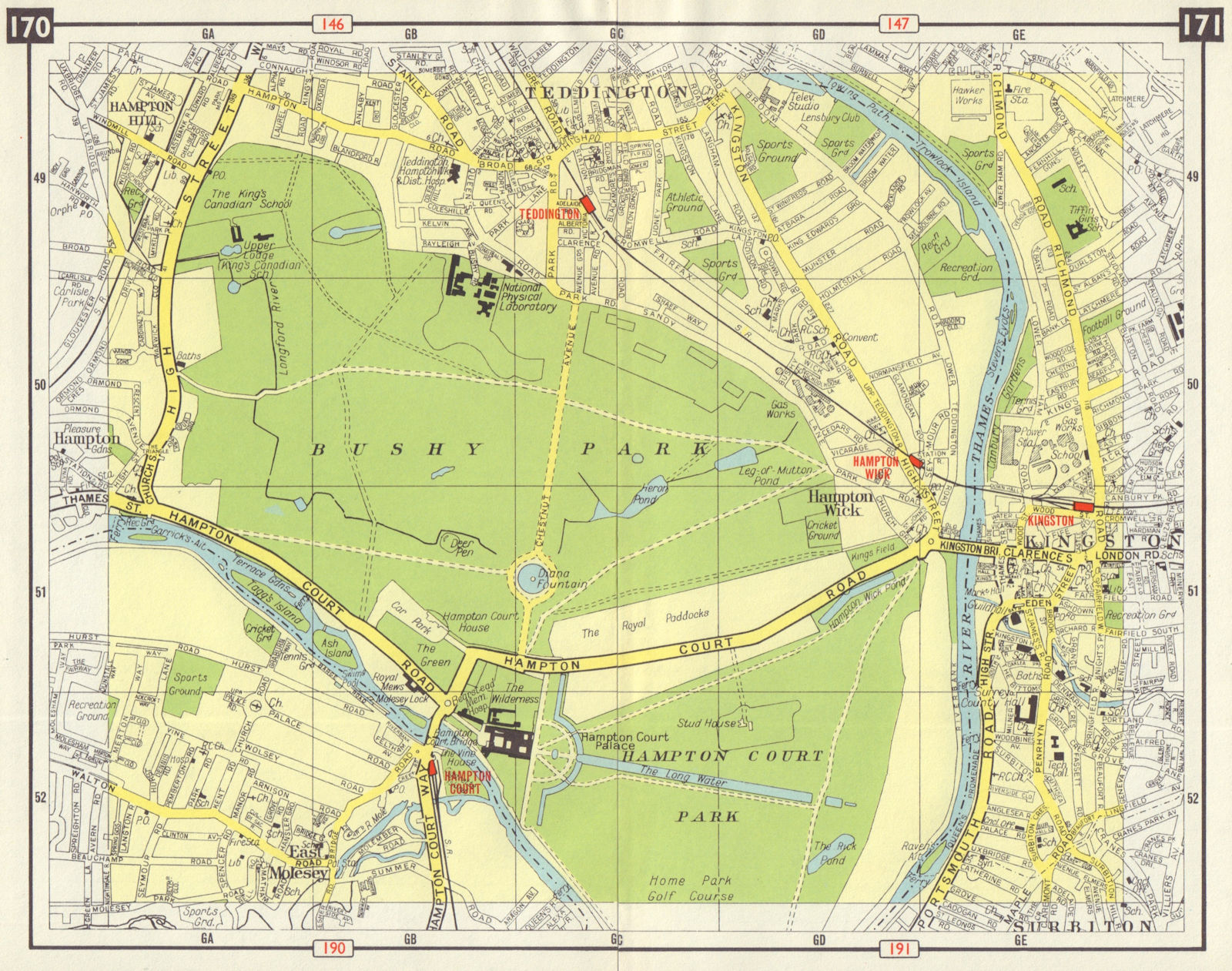 SW LONDON Teddington Hampton Wick East Molesey Bushy Park Kingston 1965 map