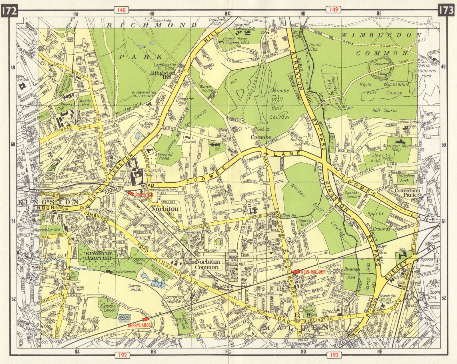 SW LONDON Kingston Coombe Norbiton New Malden Berrylands Wimbledon 1965 map