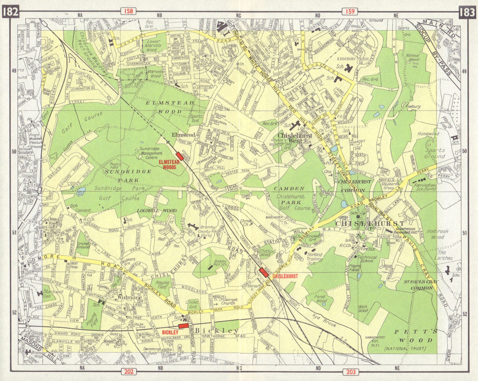 SE LONDON Chislehurst Widmore Bickley Petts Wood Elmstead Pett's Wood 1965 map