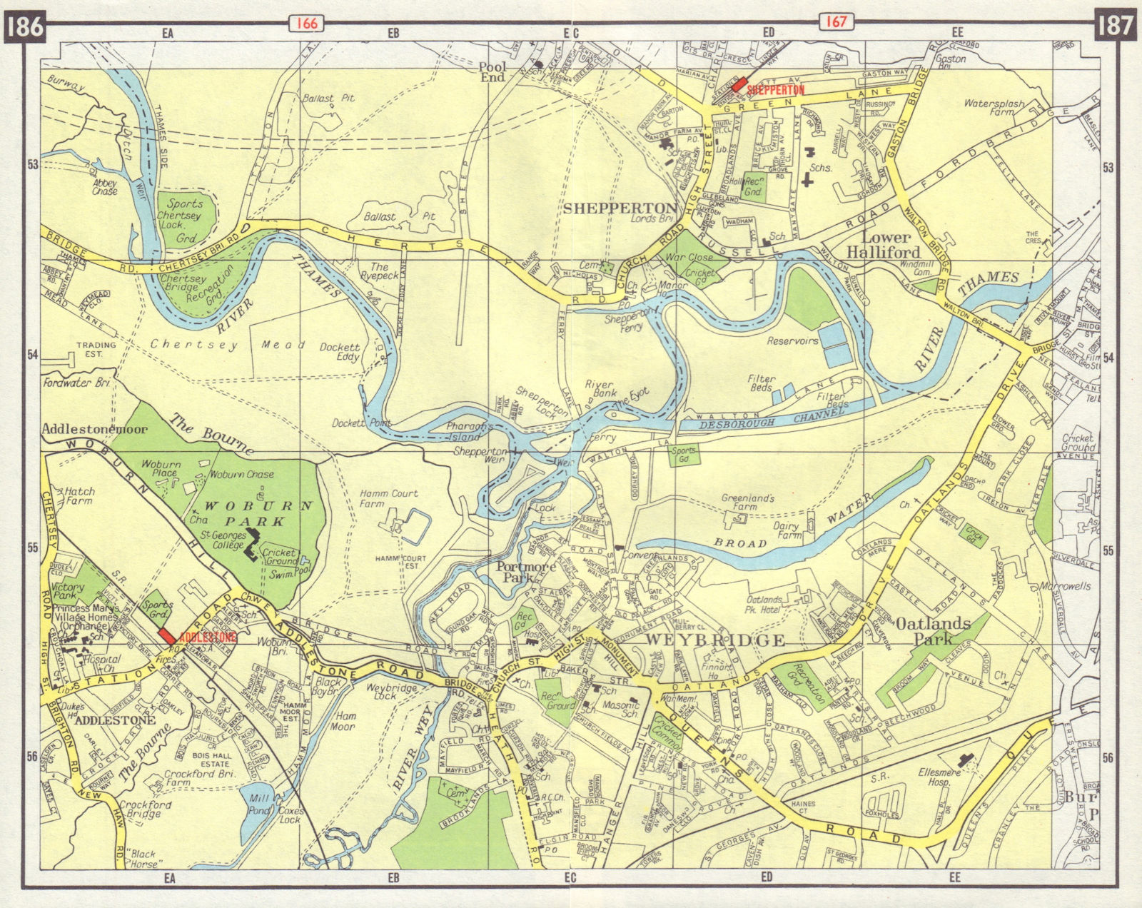 SW LONDON Weybridge Addlestone Shepperton Oatlands Park Lower Halliford 1965 map