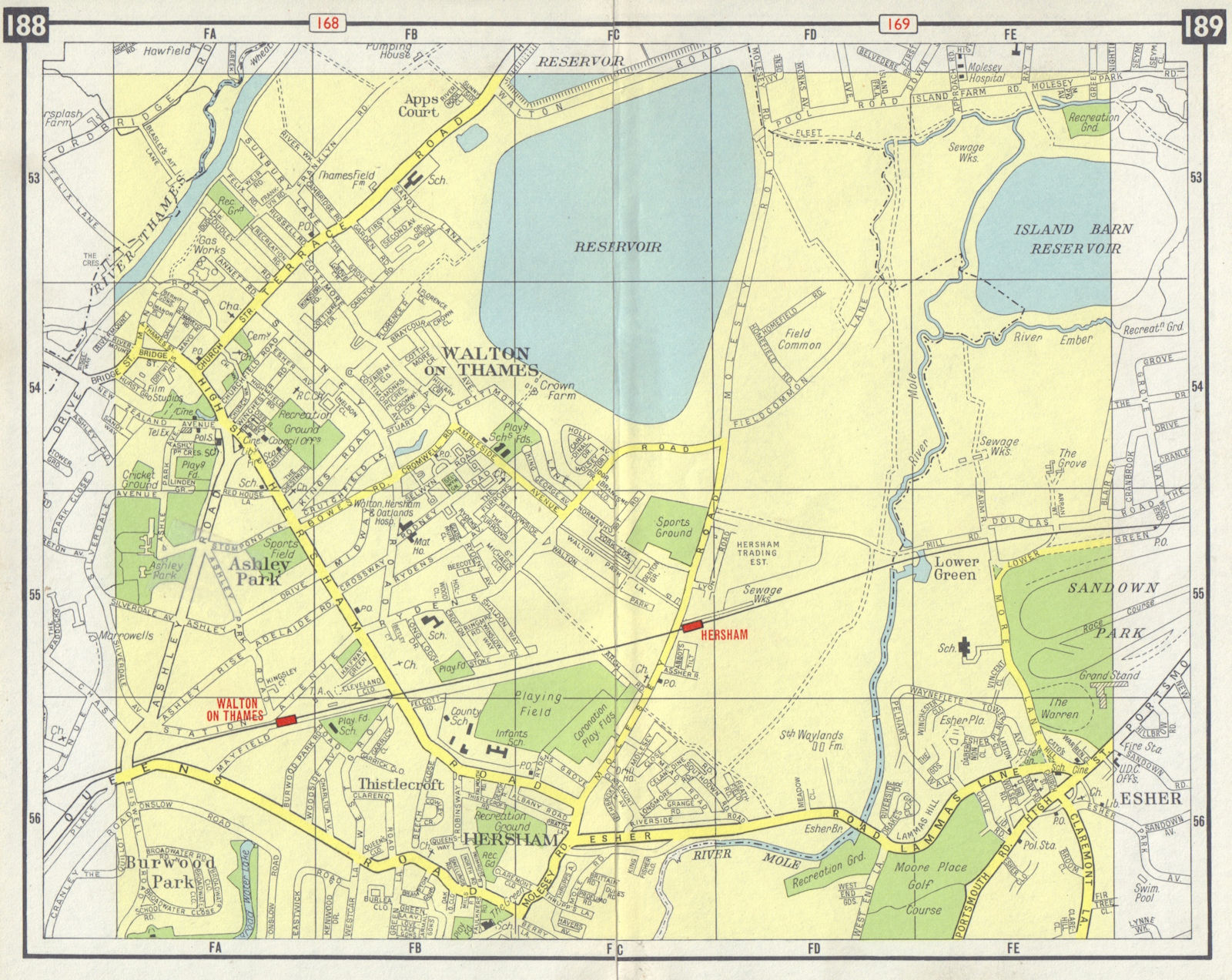 SW LONDON Walton-on-Thames Esher Hersham Burwood Park Sandown Park 1965 map