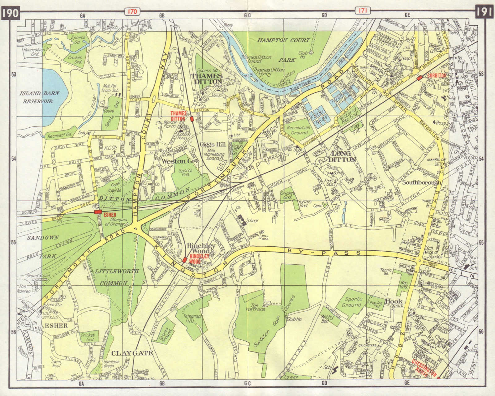 SW LONDON Long/Thames Ditton Hook Hinchley Wood Claygate Esher Surbiton 1965 map