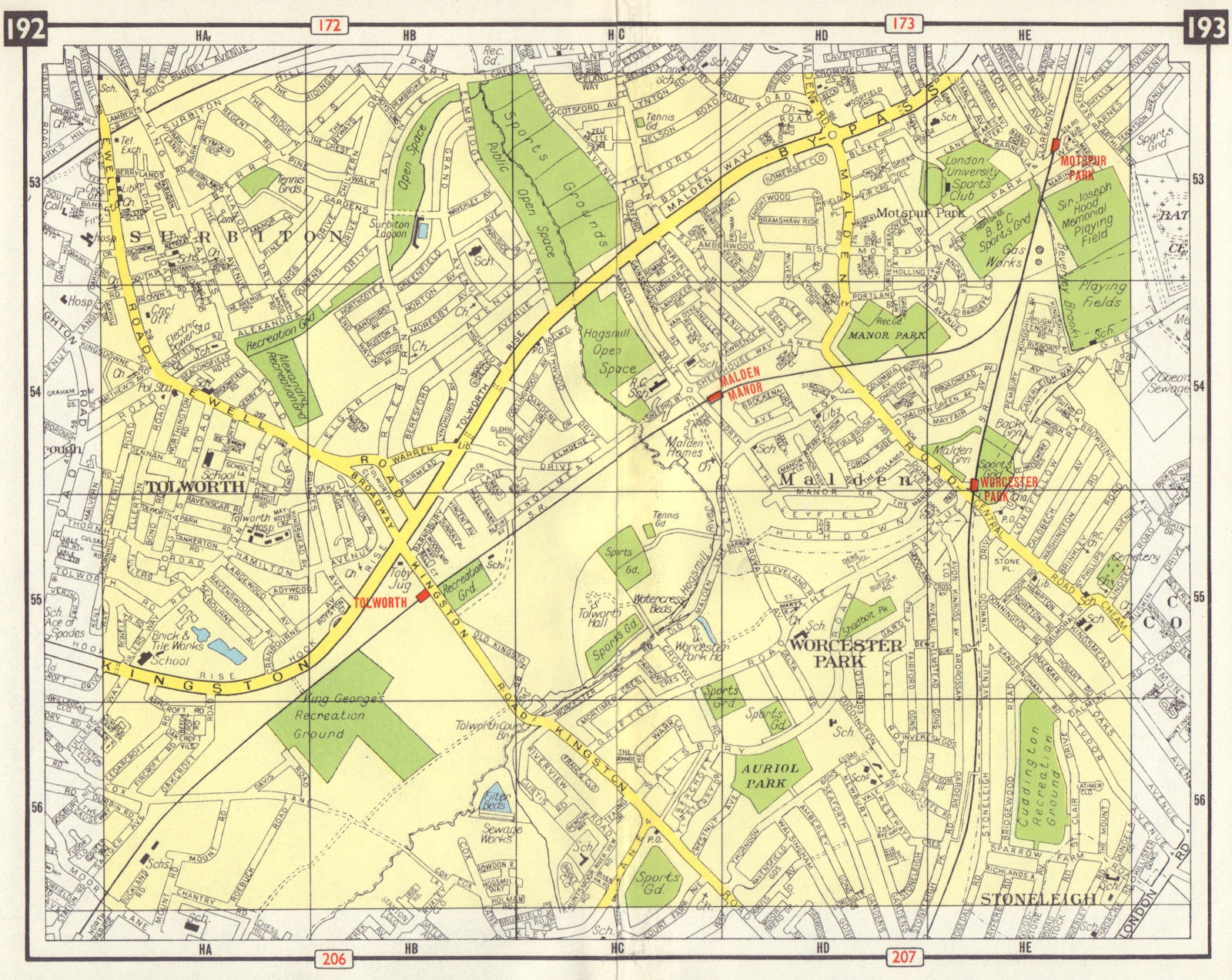 Associate Product SW LONDON Surbiton Tolworth Malden Motspur/Worcester Park Stoneleigh 1965 map