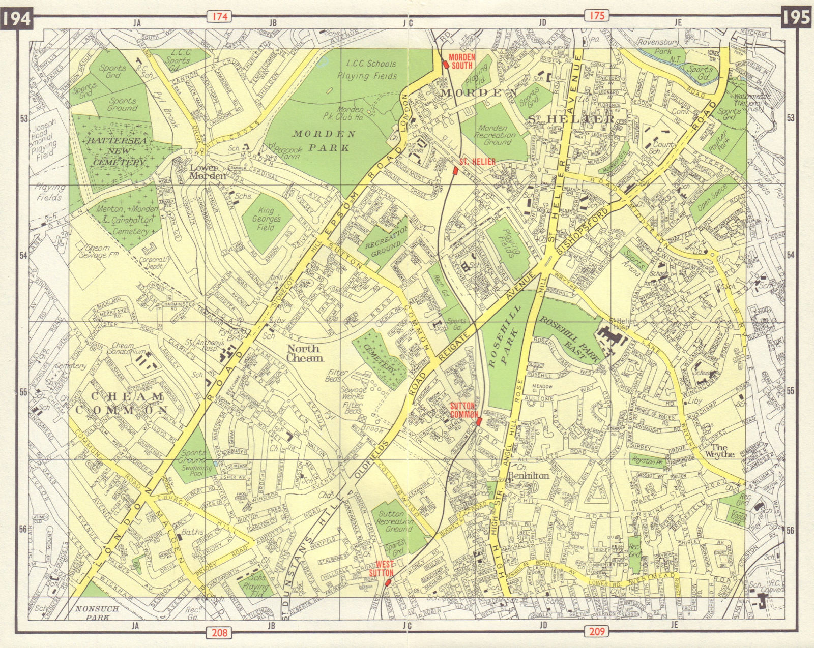 SW LONDON Sutton North Cheam St Helier Morden Wrythe Benhilton Rosehill 1965 map
