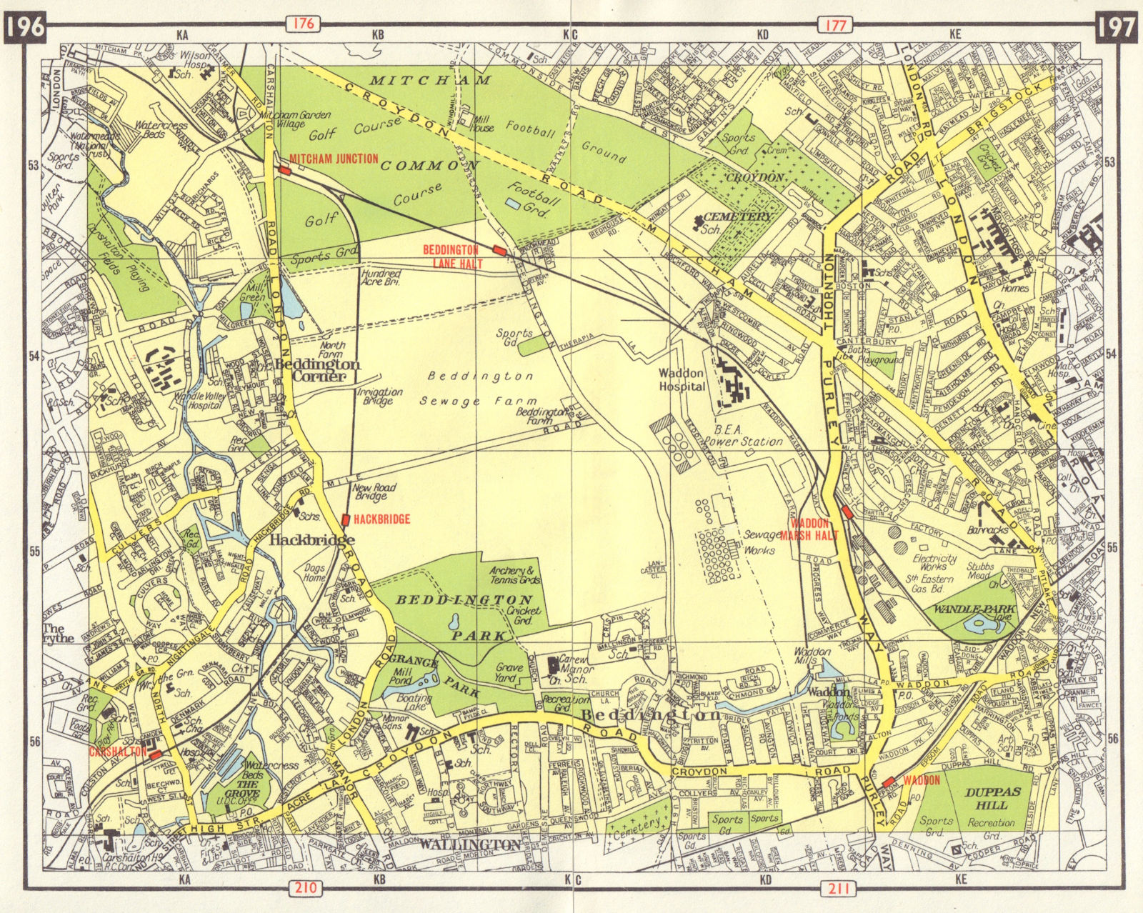 S LONDON Beddington Hackbridge Carshalton Mitcham Croydon Waddon 1965 old map