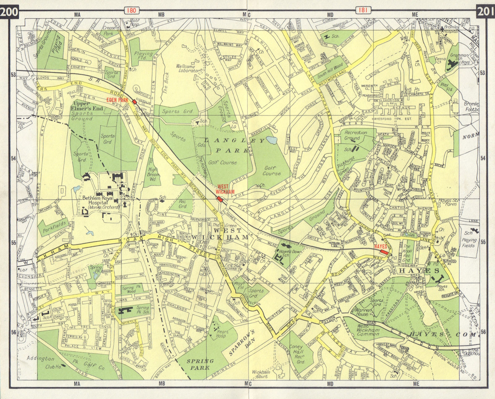 SE LONDON West Wickham Hayes Eden Park Upper Elmers End Bromley 1965 old map