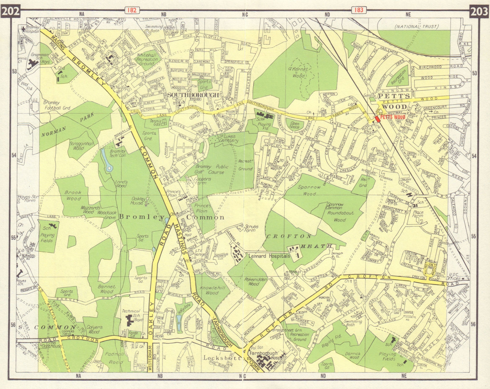 SE LONDON Petts Wood Locksbottom Southborough Bromley Common Bickley 1965 map